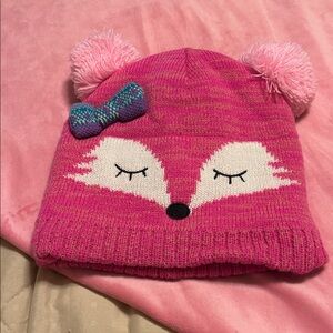 Faded Glory Pink Fox Knit Hat with Pom-Poms and gloves